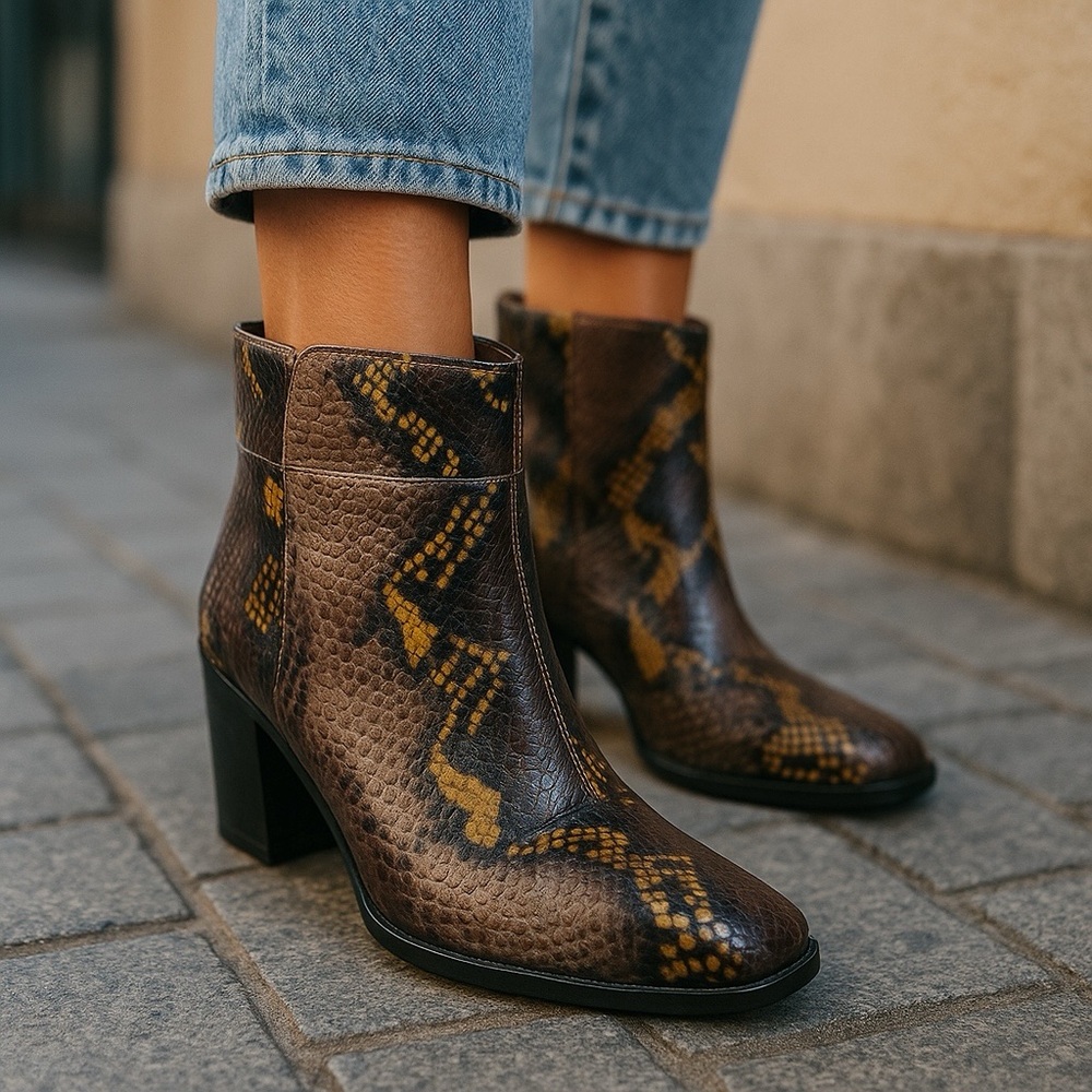*Franco Sarto Leather Generous Faux Snake Skin Bootie Womens 6 Black Gold Heeled